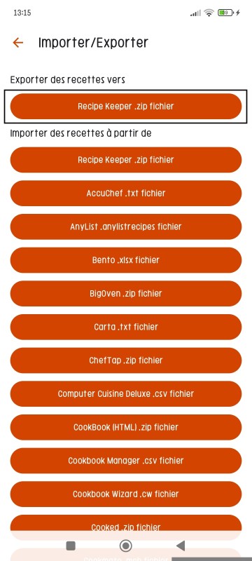 Export Recipes page of Recipe Keeper